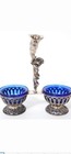 Antique Italian 800 Silver Double Salt Cellar W cobalt Blue Glass Inserts 4 74oz