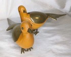 Mid Century Modern Teak Brass Bird Sculptures Pair 16    Long Tail Vintage Mcm