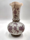 Victorian Antique Opaline And Mauve Cased Glass Ruffled Top Vase Hand Blown