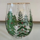 Hand Painted   Jeweled Stemless Wine Glass Set 2 Coquette Christmas Trees New