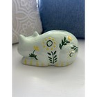 Hand Painted Folk Art Ceramic Cat Coin Bank Mint Green Floral Reclining Figurine
