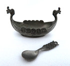 Vintage Norway Handstopt Tpb Tinn Pewter Viking Boat Open Salt Cellar W  Spoon
