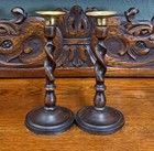 Antique English Barley Twist Candlesticks Candle Holders Oak Pair 8 75  Petite