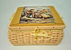 Vtg 1960s Wicker Sewing Basket With Victorian Scene Lid     Includes Vtg Pins