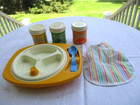 Fisher Price Vintage Baby Food Bowl  3 Cans Of Baby Food Veggies  1 Bib  1 Spoon