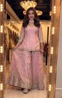 Women   s Peach Embroidered Kurti Palazzo Dupatta Set Traditional Party Wear Outfi