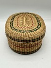 Vintage Boho Handwoven Lidded Wicker Basket Round Storage Box 7x5x3