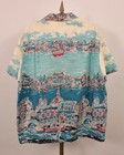 Men s Vtg 50s Blue   Red Florence Novelty Print Cotton Shirt Sz L 1950s Pilgrim
