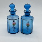 Czechoslovakia Blue Satin Glass Two Handpainted Enamel Vintage Perfume Bottles