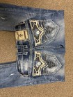 Rock Revival Bootcut Jeans Blue Distressed Embroidered Studded Stretch Men