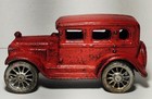 Vintage Heavy Cast Iron 6  Red Sedan Toy Car Moveable Wheels 