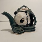 Mid Century Japanese Porcelain Panda Teapot With Green Bamboo Handle  a-13  