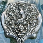 Antique Art Nouveau Silverplate Repousse Lady Hand Mirror