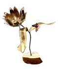 Vintage Yosi Brutalist Metal Flower Sculpture With Butterfly Onyx Base 12 h
