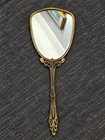 Vintage 1930s-1950s Ornate Floral Hand Mirror Gold Tone Brass Vanity