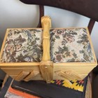 Vintage Floral Tapestry Wood Accordion Folding Sewing Box 2 Tier Trinket Jewelry