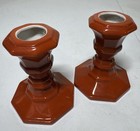 Vtg Japan Candle Sticks Taper Ceramic Burnt Orange 3 75    Inches Tall Mcm Retro
