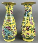 Chinese Famille Jaune Porcelain Vase Pair  Yellow  Butterflies  Birds  Flowers