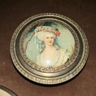 Antique 3-piece Brass Vanity Dresser Set Mirror  Brush  Powder Dish trinket Box