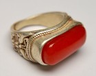Chinese Tibet Silver Red Coral Cabochon Ring