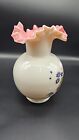 Antique Victorian Cased Bristol Glass Hand Blown   Painted Vase Ruffled Edge 8 