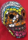 Mexican Folk Art Day Of The Dead Black Clay Skull With Colorful Glass Mosaic