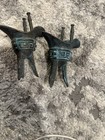 Antique Chinese Bronze Tripod Wine Warmer Pair  Bronze Tone W  Green Patina