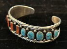 Reed Charlie Navajo Handmade Sterling Silver  Coral And Turquoise Cuff Bracelet