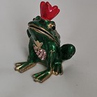 Frog Trinket Box Enamel Jeweled Figurine Crown Green Gold Decor Small Romantic