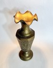 Vintage Brass Vase Etched Design From India 9 7 8    Tall