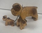 Vintage English Bulldog Dog Figurines Carved Wood Mom 2 Puppies Chain Dogs Small