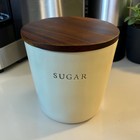 New Hearth   Hand Magnolia Sugar Canister Cream Stoneware Wood Lid Nwt