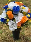 Cemetery Vase Memorial Silk Flower Arrangement Blue  White   Orange