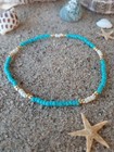 Minimalist Turquoise  Gold  And Cream Stackable Stretch Cord Anklet Bracelet 
