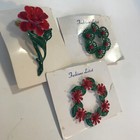 Lot Of 3 Vintage Christmas Pins Broach Flowers Wreath