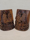 Vtg Asian Camphor Wood Carved Bookends Detailed Sailor Junk Boat China Antique 