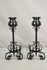 Antique Gothic Arts   Crafts Large Wrought Iron Fireplace Andirons W  Bar - Set