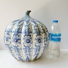 Vintage Blue White Chinoiserie Floral Porcelain Pumpkin Ginger Jar 10 3 4   