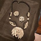 Vtg Lee Sands Lion Head Inlaid Shell Mop Statement Beaded Necklace Set Earrings