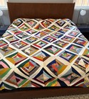 Vtg Large 60s-70s Scrappy String Crazy Quilt Coverlet Throw King Blanket 102x97