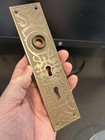 Antique Eastlake Victorian Cast Brass 2 Keyhole Entrance Door Knob Back Plate