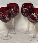  4  Vintage Bohemian Cranberry Red Wine Glasses Hand Painted With Silver Grapes