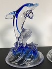 Lot Of 2-dolphin 6 1 4  Leaping Out Of Ocean Waves Cobalt   Clear Art Glass Fig 