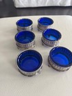 Antique Sterling Silver Cobalt Blue Glass Footed Salt Cellars Set Of  6 