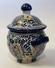 Talavera Mexican Folk Art Pottery Double Handled Jar W lid Blue Multi-color Sign