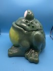 Mercuries Frog Cookie Jar Green Yellow Ceramic   Porcelain Lift-off Lid