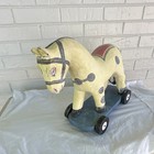 Vintage Wooden Horse Pull Toy On Wheels  Cream W  Black Dots Red Saddle