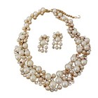 Rhinestone Faux Pearl Cluster Choker Necklace Earrings Set Gold Tone Bride Prom