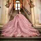 Pink Shiny Quinceanera Dresses Applique Flower Beads Tull Brithday Sweet16 Dress