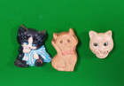 3 Cat Fridge Magnets Cute Kitten Lot Black White Big Blue Bow Tan Vintage 1990s